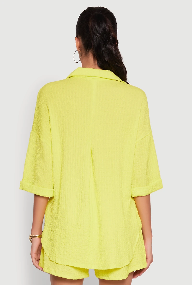 Womens Chic Textured Knit Shirt with Quarter Sleeves and Classic Fit, Yellow,