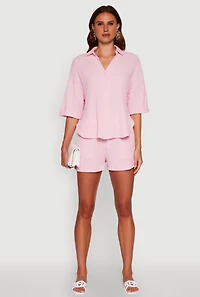 Womens Trendy High Waisted Textured Knit Shorts for Casual Wear, Pink,