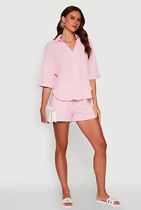 Womens Trendy High Waisted Textured Knit Shorts for Casual Wear, Pink,