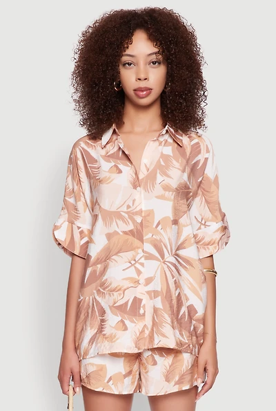 Womens Trendy Leaf Print Crepe Knit Button Front Shirt, Multi, Size M