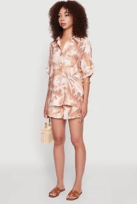 Womens Trendy Leaf Print Crepe Knit Button Front Shirt, Multi, Size M