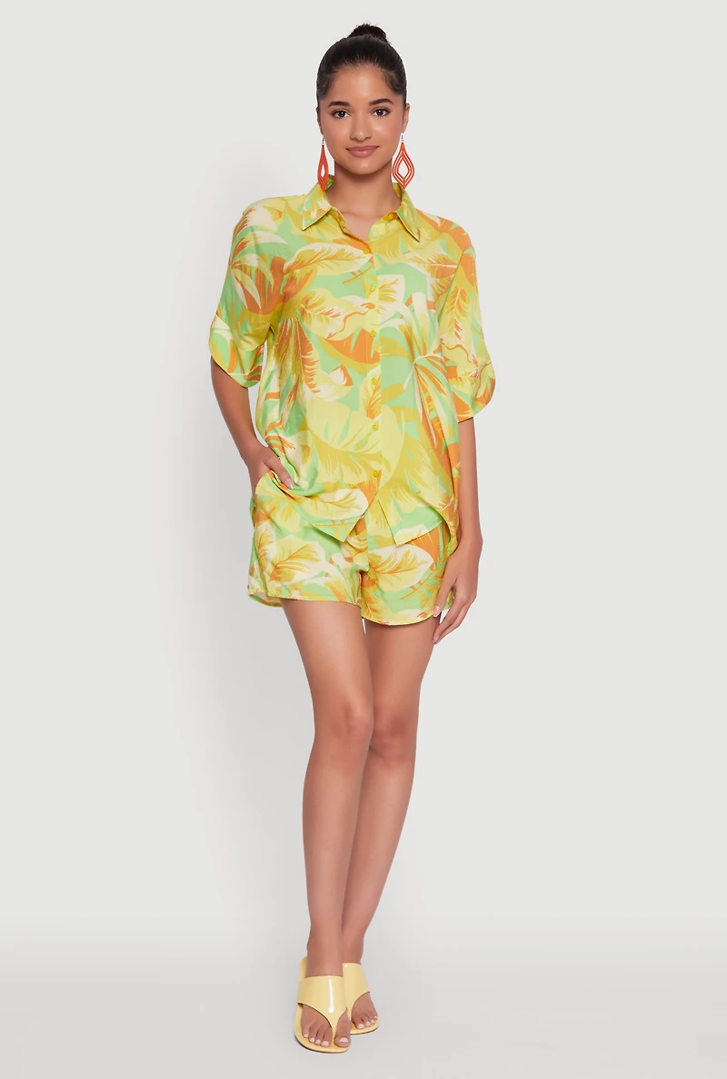 Womens Trendy Leaf Print Crepe Knit Button Front Shirt,