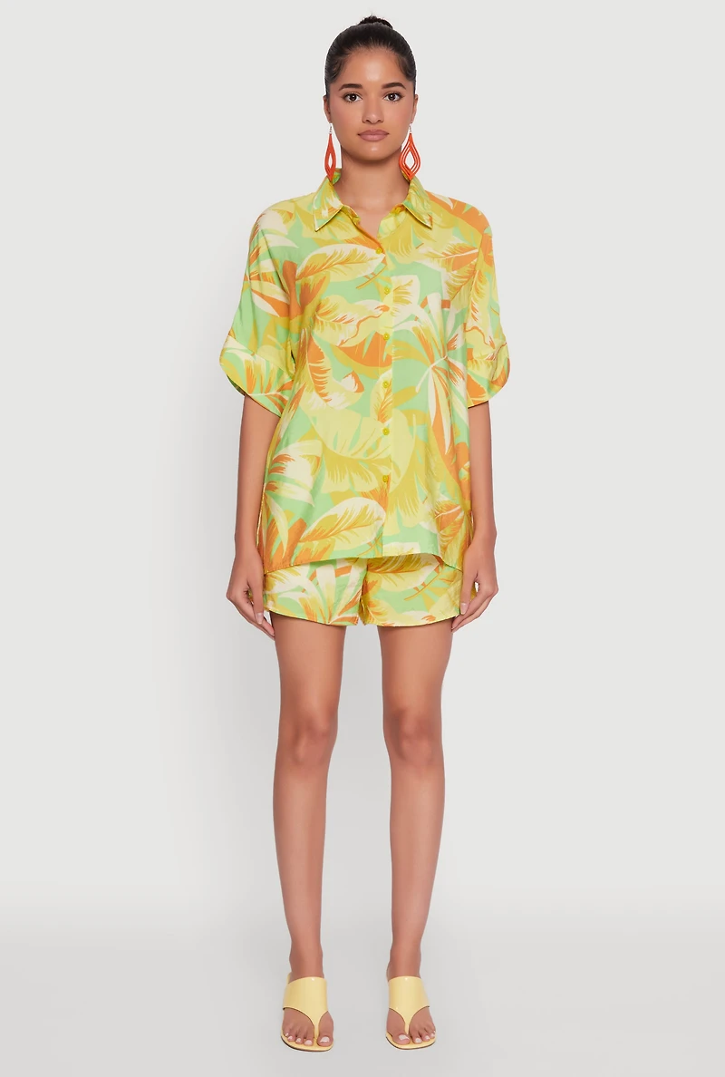 Womens Trendy Leaf Print Crepe Knit Button Front Shirt,