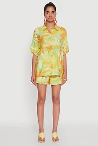 Womens Trendy Leaf Print Crepe Knit Button Front Shirt,