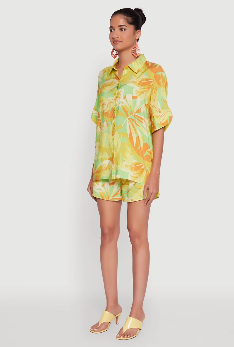 Womens Trendy Leaf Print Crepe Knit Button Front Shirt,