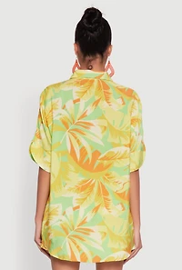 Womens Trendy Leaf Print Crepe Knit Button Front Shirt,
