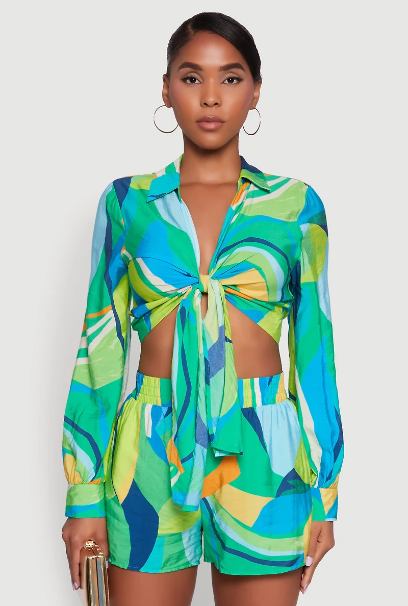 Womens Stylish Crepe Knit Geometric Print Tie Front Crop Top, Multi, Size S