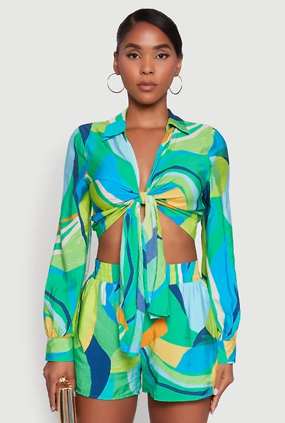 Stylish Crepe Knit Geometric Print Tie Front Crop Top