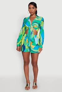 Womens Stylish Crepe Knit Geometric Print Tie Front Crop Top, Multi, Size S