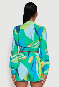 Womens Stylish Crepe Knit Geometric Print Tie Front Crop Top, Multi, Size S
