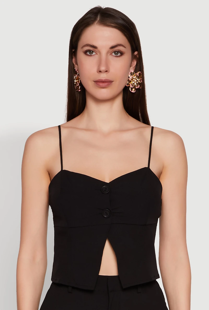 Womens Chic Sleeveless Sweetheart Top with Button Details, Black, Size L