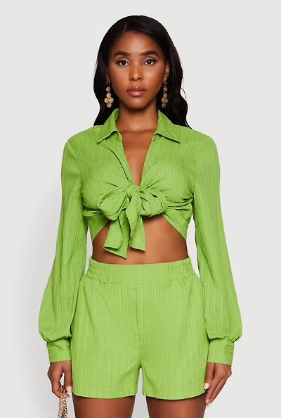 Womens Chic Textured Knit Bubble Sleeve Tie Front Crop Top,