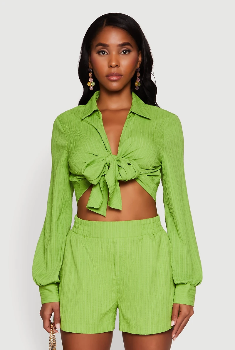 Womens Chic Textured Knit Bubble Sleeve Tie Front Crop Top,