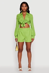 Womens Chic Textured Knit Bubble Sleeve Tie Front Crop Top,
