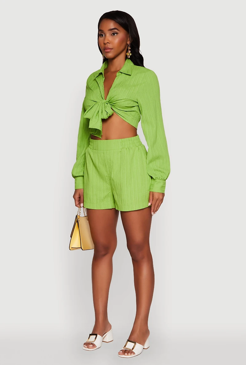 Womens Chic Textured Knit Bubble Sleeve Tie Front Crop Top,