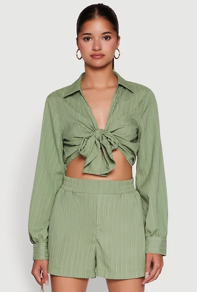 Womens Chic Textured Knit Bubble Sleeve Tie Front Crop Top, Green, Size L