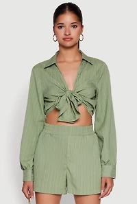 Womens Chic Textured Knit Bubble Sleeve Tie Front Crop Top, Green, Size L