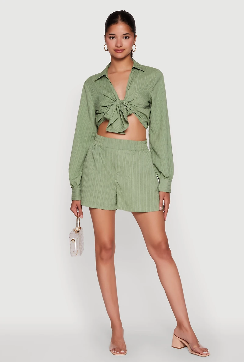 Womens Chic Textured Knit Bubble Sleeve Tie Front Crop Top, Green, Size L