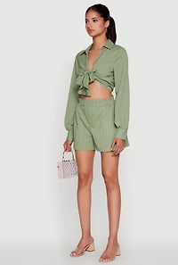 Womens Chic Textured Knit Bubble Sleeve Tie Front Crop Top, Green, Size L