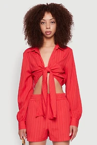 Chic Textured Knit Bubble Sleeve Tie Front Crop Top