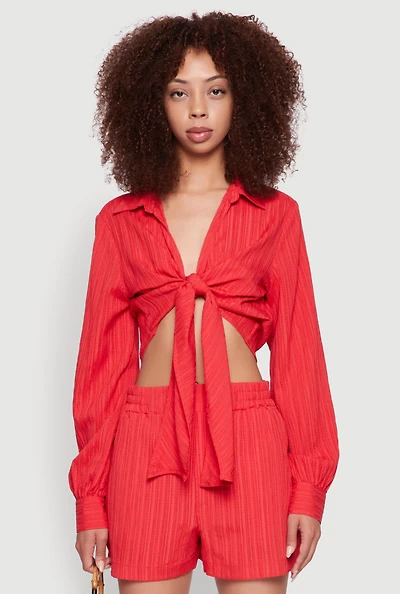 Chic Textured Knit Bubble Sleeve Tie Front Crop Top