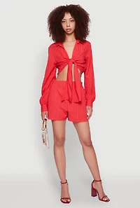 Chic Textured Knit Bubble Sleeve Tie Front Crop Top