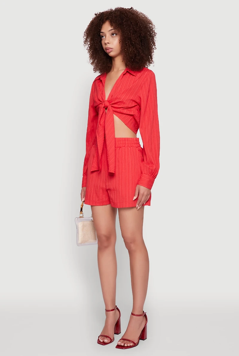 Chic Textured Knit Bubble Sleeve Tie Front Crop Top