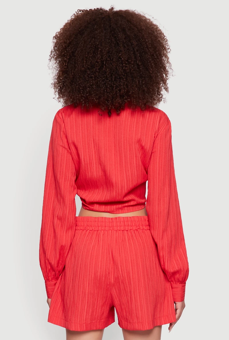 Chic Textured Knit Bubble Sleeve Tie Front Crop Top