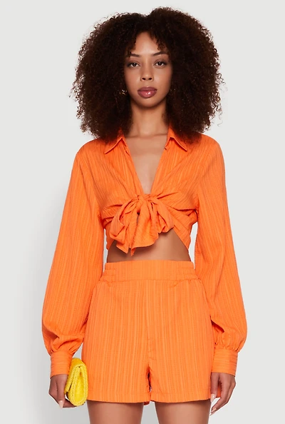 Womens Chic Textured Knit Bubble Sleeve Tie Front Crop Top,