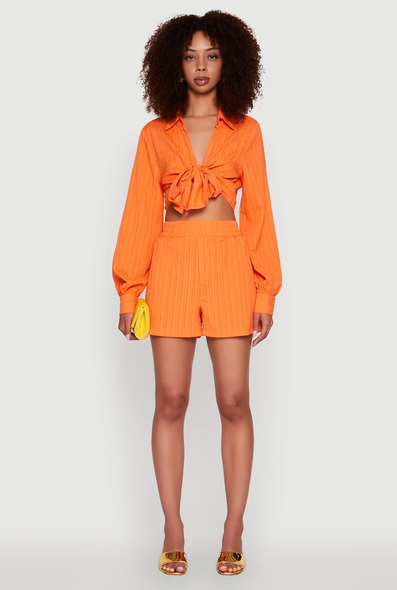 Womens Chic Textured Knit Bubble Sleeve Tie Front Crop Top, Orange, Size L