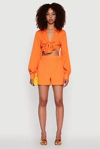 Womens Chic Textured Knit Bubble Sleeve Tie Front Crop Top, Orange, Size L