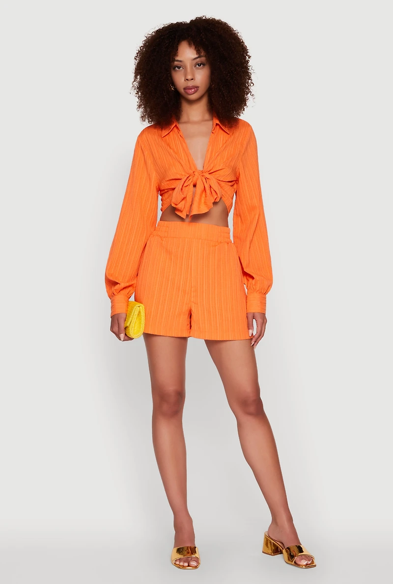 Womens Chic Textured Knit Bubble Sleeve Tie Front Crop Top, Orange, Size L