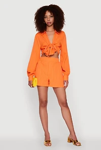 Womens Chic Textured Knit Bubble Sleeve Tie Front Crop Top, Orange, Size L