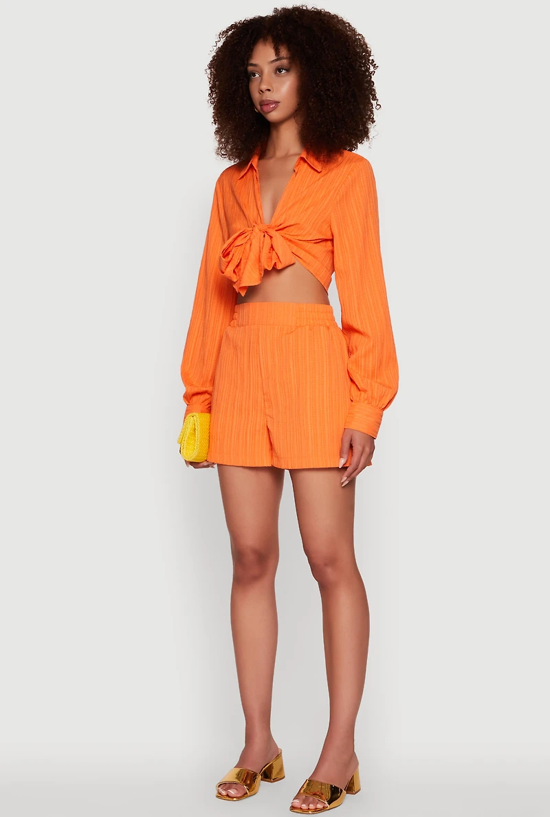 Womens Chic Textured Knit Bubble Sleeve Tie Front Crop Top, Orange, Size L