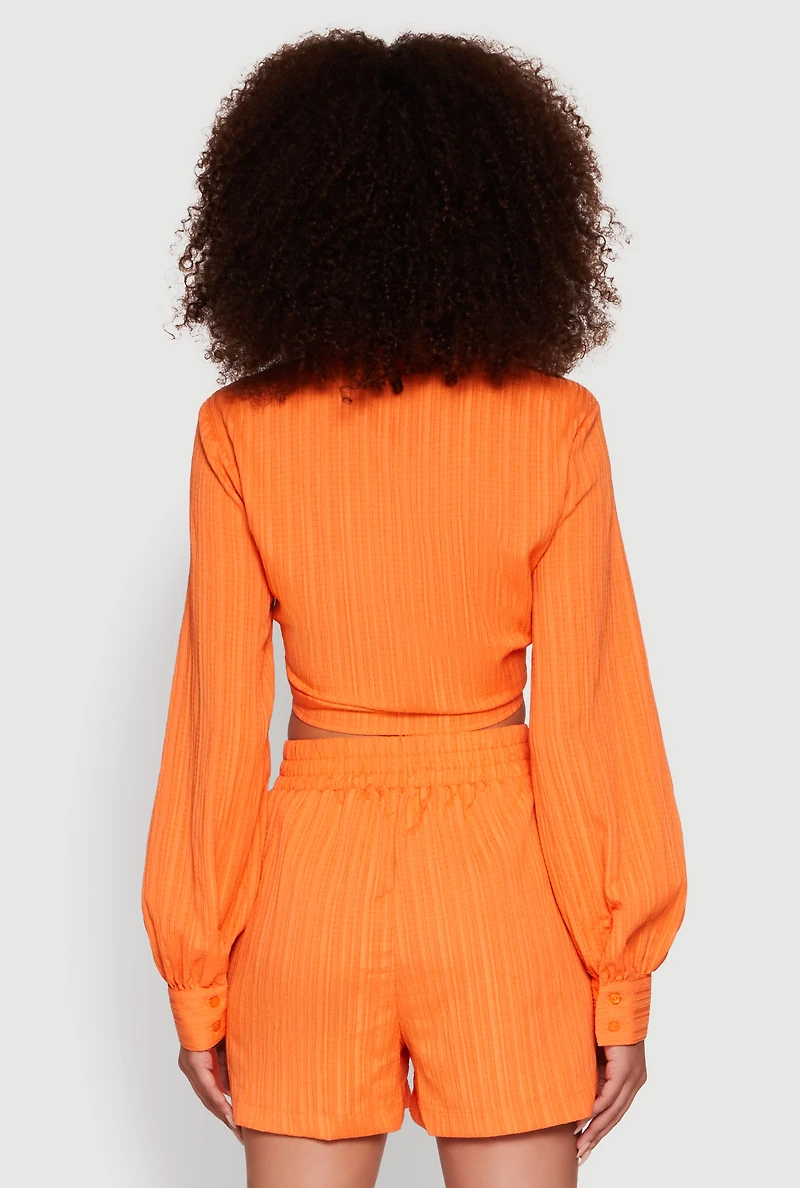 Womens Chic Textured Knit Bubble Sleeve Tie Front Crop Top, Orange, Size L