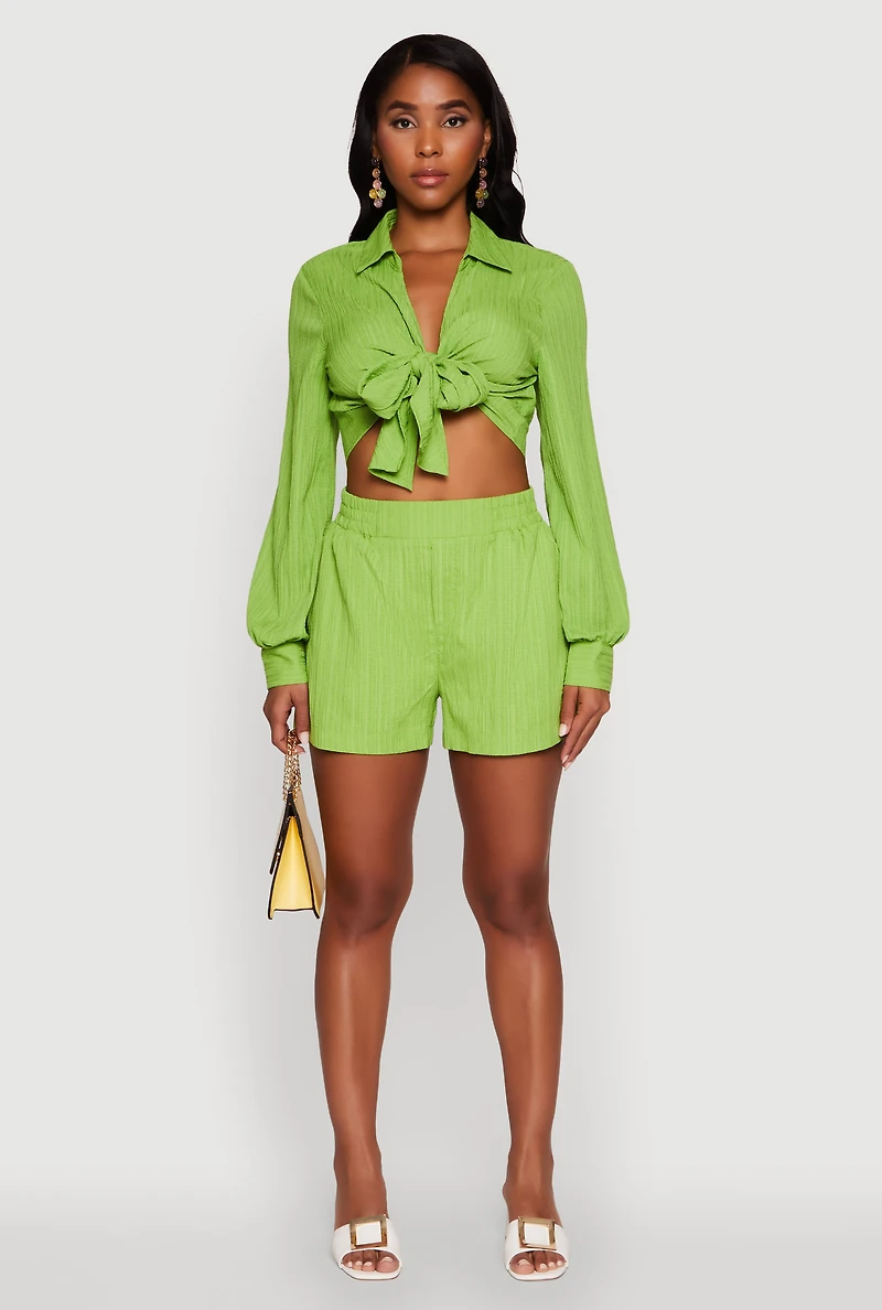 Womens Trendy High Waisted Textured Knit Shorts with Pockets, Green, Size XL