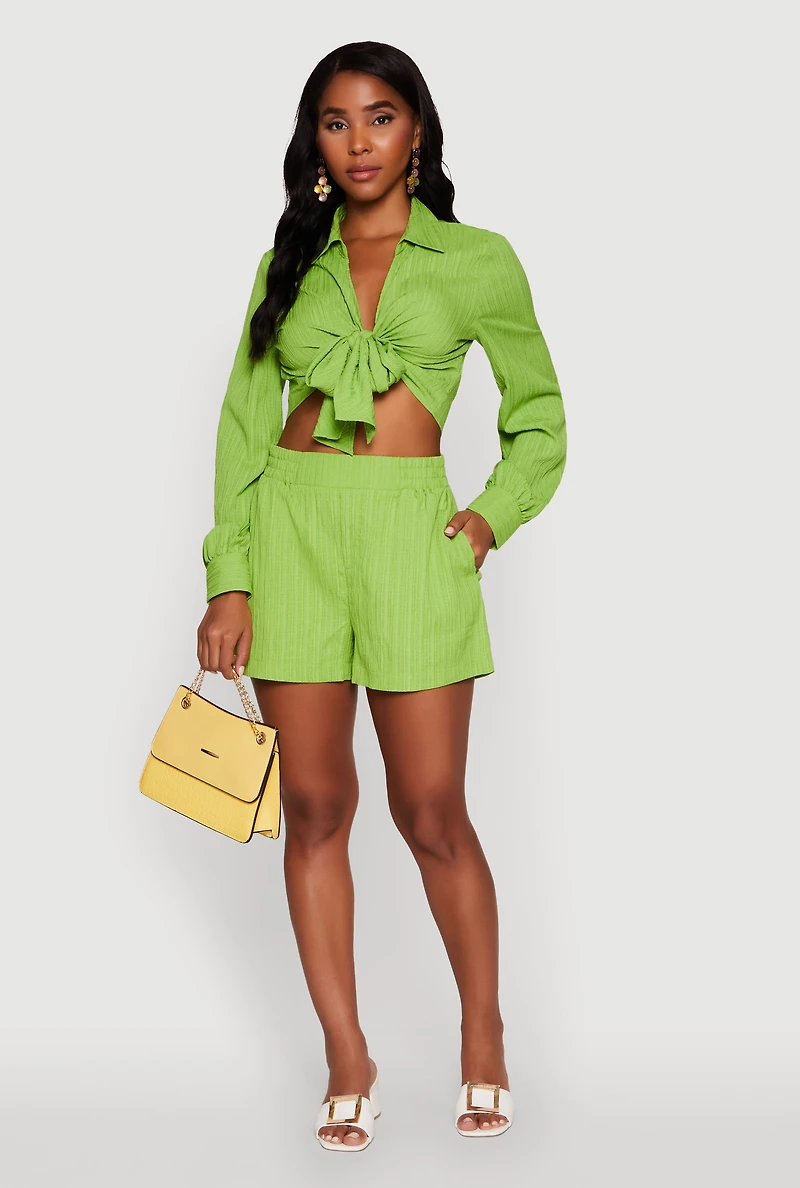 Womens Trendy High Waisted Textured Knit Shorts with Pockets, Green, Size L
