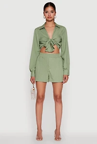 Womens Trendy High Waisted Textured Knit Shorts with Pockets, Green, Size M