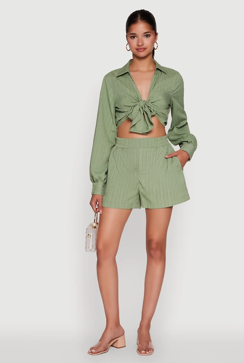 Womens Trendy High Waisted Textured Knit Shorts with Pockets, Green, Size M