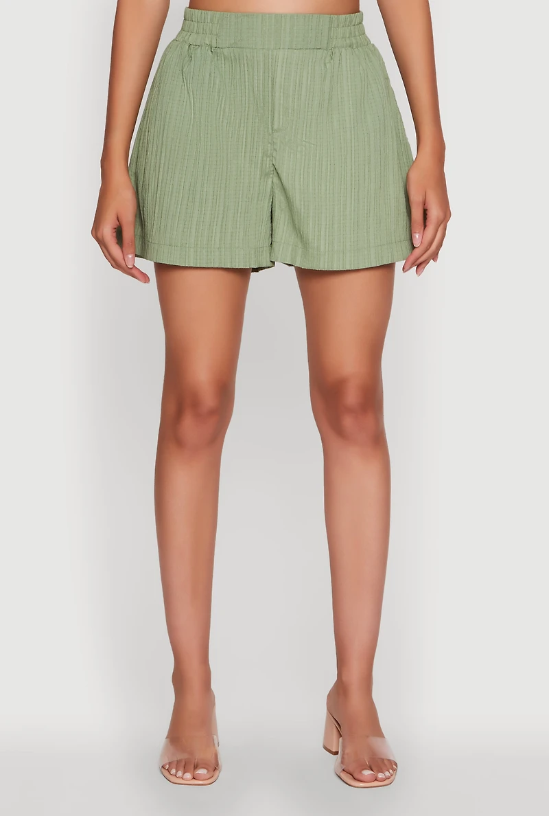 Womens Trendy High Waisted Textured Knit Shorts with Pockets, Green, Size M