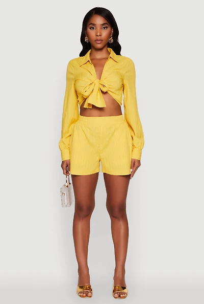 Womens Trendy High Waisted Textured Knit Shorts with Pockets, Yellow, Size S