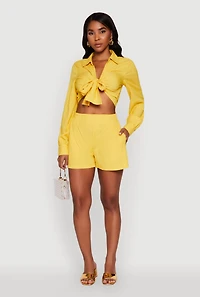 Womens Trendy High Waisted Textured Knit Shorts with Pockets, Yellow, Size S