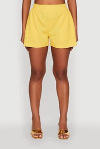 Womens Trendy High Waisted Textured Knit Shorts with Pockets, Yellow, Size S