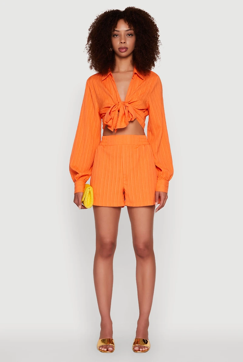 Womens Trendy High Waisted Textured Knit Shorts with Pockets, Orange, Size L