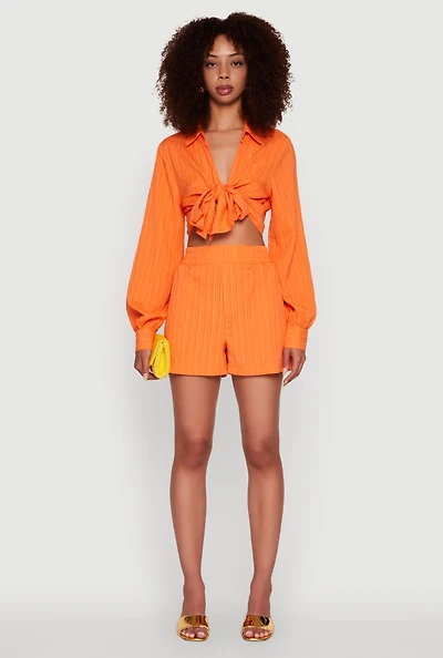 Womens Trendy High Waisted Textured Knit Shorts with Pockets, Orange, Size L