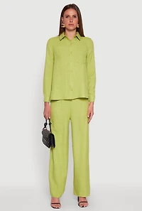 Womens Oversized Linen Button Front Shirt, Green,