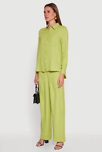 Womens Oversized Linen Button Front Shirt, Green,