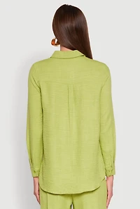 Womens Oversized Linen Button Front Shirt, Green,