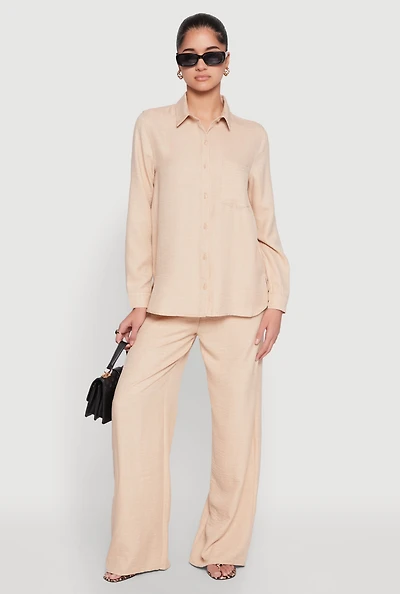 Womens Linen High Waisted Wide Leg Pants, Beige, Size M