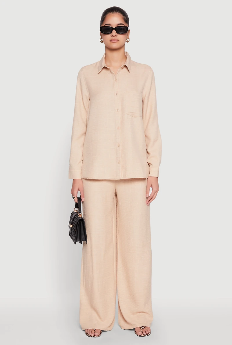 Womens Linen High Waisted Wide Leg Pants, Beige, Size M
